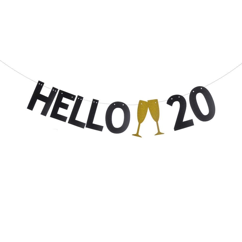 AddUe DONGLYJL Black Glitter HELLO 20 Banner for 20 Years Old 20th Birthday Party Decorations Supplies Pre-Strung HELLO 20