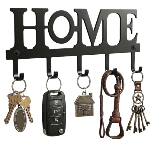 WIPHANY Wandhalterung für Schlüssel mit 5 Haken, Metall-Schlüsselhalter „Home” für die Wand, dekorativer Schlüsselhalter für den Eingangsbereich, Flur und Hauswirtschaftsraum, Einzugsgeschenk, schwarz