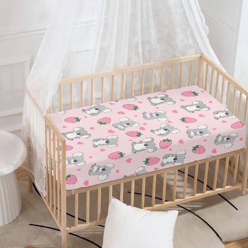 Image of Strawberry Koala Baby Crib Sheets Neutral Breathable Bedding Sets for Cribs Fitted Removable Mattress Cover for Girls Safe and Breathable Nursery Decor Home Accessories, Pink