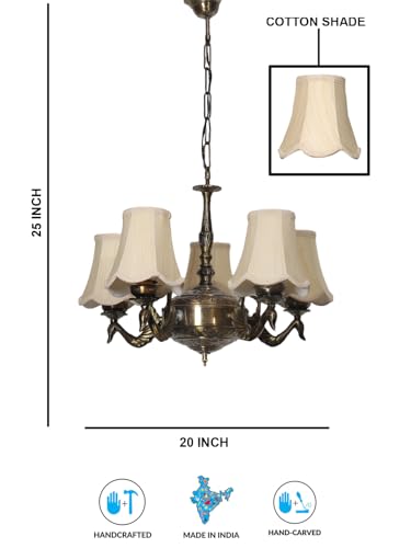 Image of Devansh 05-Light Conical Off-White Cotton Shade Chandelier - Antique Golden Finish | Adjustable Cord | Warm Glow Lamp - Ceiling Light for Living Room, Dining Area, Bedroom & Entryway Decor - D4