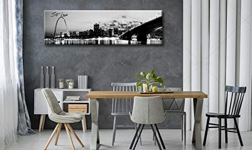 Image of DJSYLIFE Panoramic St. Louis Skyline Wall Art Cityscape Picture Black and White Canvas Print Night View Urban Landscape Modern Artwork Office Bedroom Decor Framed and Ready to Hang 13.8 inchx47.3 inch