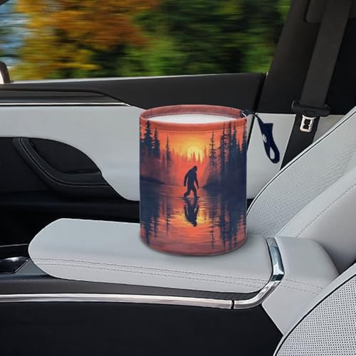 Image of Bigfoot Sunset Forest Car Trash Can Foldable Hanging Portable Dustbin Bin for Back Seat, Front Console, Floor, or Hanging Headrest Waste Basket