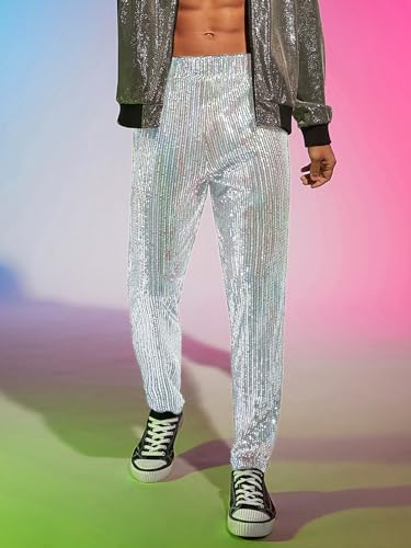 WDIRARA Men's Contrast Sequin Carrot Pants Elastic Waist Skinny Straight Leg Pants3