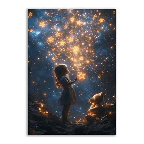 Tableau Pop Art fille aux étoiles or pour déco aesthetic de chambre et salon