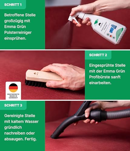 Emma Grün® Polsterreiniger für Sofa, Teppich, Matratze & Autositze 500ml – Fleckenentferner inkl. Bürste zur Polsterreinigung im Auto & Haushalt – Textilreiniger gegen hartnäckige Flecken & Gerüche
