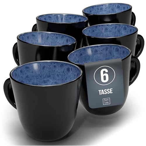 Tasse Café 6er Set en Grès Ibiza - Chic et moderne, compatible lave-vaisselle et micro-ondes - Pure Living - Ensemble de Tasses à Thé et à Café Cool en Bleu Profond