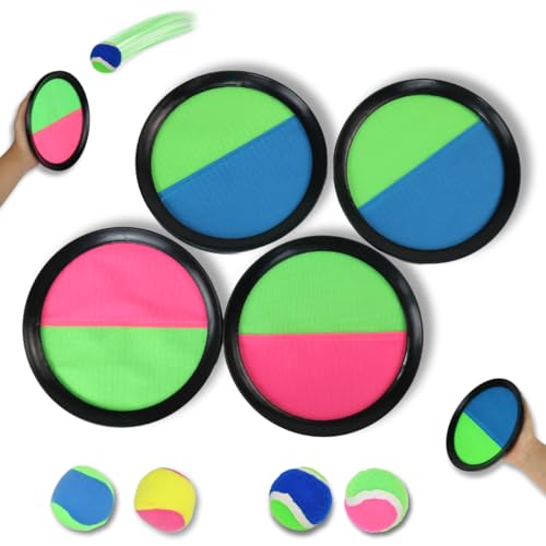 DEEMEIS Klettballspiel Set für Kinder ab 3–10 Jahre – Wurf- & Fangspiel mit 4 Scheiben & 4 Bällen für Draußen, Garten, Strand, Indoor – Outdoor Spielzeug Geschenk für Jungen & Mädchen