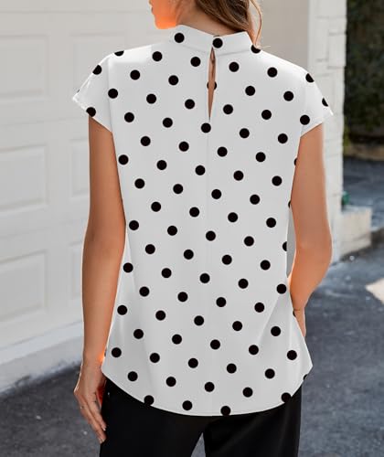 Image of Funlingo Womens Summer Tops Mock Neck Short Cap Sleeve Blouses Business Casual Work Chiffon Shirts Front Pleated Tunic Top