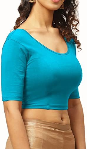 Image of THE BLAZZE 1303 Women's Cotton Scoop Neck Backless Elbow Sleeve Crop Top Readymade Saree Blouse for Women