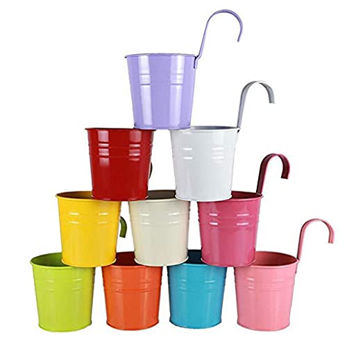 Tangpingsi Vaso da fiori decorativo, vaso da fiori sospeso in metallo, secchio arcobaleno, ringhiera multicolore per recinzione, finestra, vaso con gancio rimovibile,1 pz