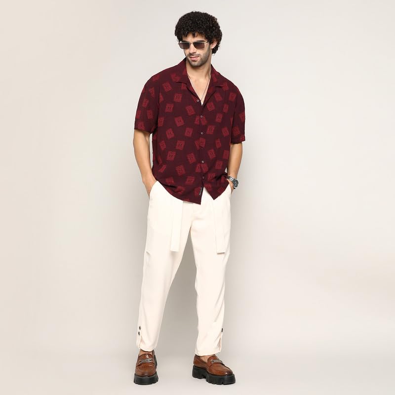 Image of CAHOOT Men's Oversized Shirt for Casual Wear | Cuban Collar | Short Regular Sleeves | Button Closure | Oversized Shirt Crafted with Comfort Fit for Everyday Wear