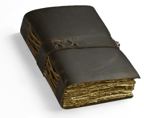 Leather Bound Vintage Journal for Women & Men - Book of Shadows - Lock Closure - 200 Pages of Antique Deckle Edges Handmade Paper - Rustic Brown Color - 8x6 inches (Bound Strape Journal)