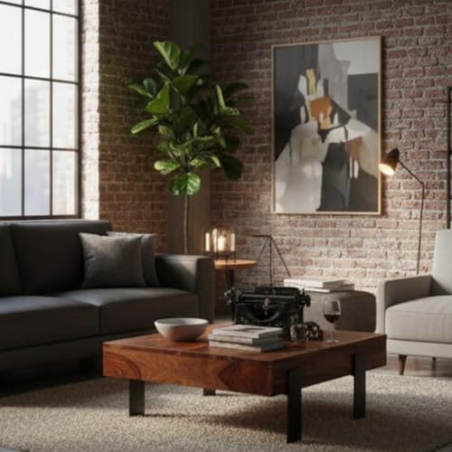 Image of Modern Solid Wood Coffee Table for Living Room | Wooden Center Table with Thick Top | Wooden Leg Cocktail Table | Contemporary Tea Table Furniture for Home, Lounge & Apartment | Light Walnut