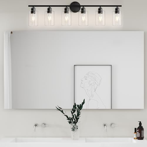 Image of 6 Lights Bathroom Vanity Light Fixtures Matte Black,Rustic Farmhouse Vanity Lighting Over Mirror Modern Industrial Lamp with Cylinder Glass Shade UL Certified