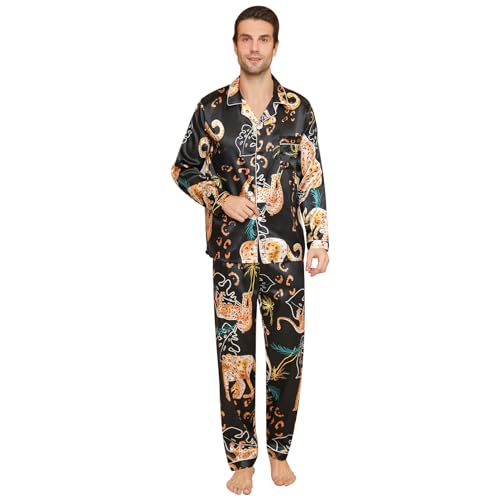 Mens Satin Pajama Sets color Pattern Long Sleeve Top and Long pants Silky Button Sleepwear