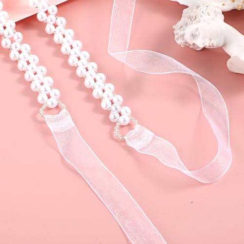 Women Skinny Wedding Pearl Waist Belt, Bridal Bridesmaid Dresses Waistband Adjustable White Ribbon Belt for Gowns2