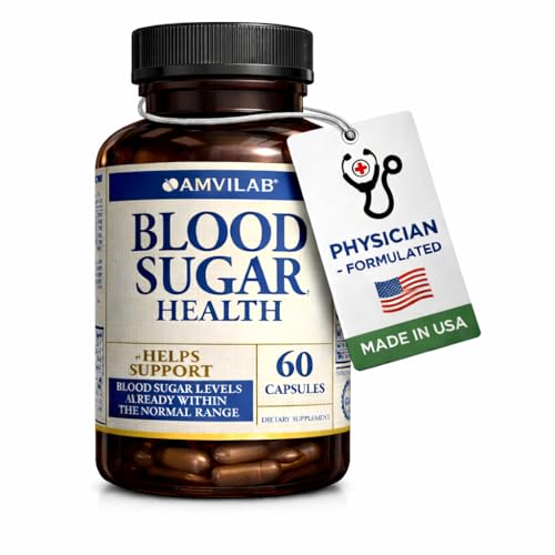 AMVILAB Blood Sugar Health Natural 20 Herbs and Vitamins with Cinnamon Alpha Lipoic Acid to Support Health Non-GMO for Men Women Supports Healthy Energy Levels - 60 Herbal Pills - 30 Day Supply