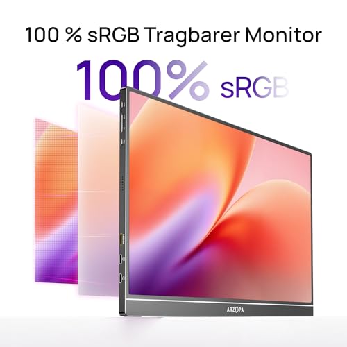 ARZOPA 16.1" Portable Monitor, 1920×1080 FHD IPS Tragbarer Monitor für Laptop mit Einzelstange, Unterstützt HDMI/Typ-C/USB-C, Augenschutz-Gaming-Bildschirm für Laptop/PC/Mac/PS3/4/5/Xbox 3