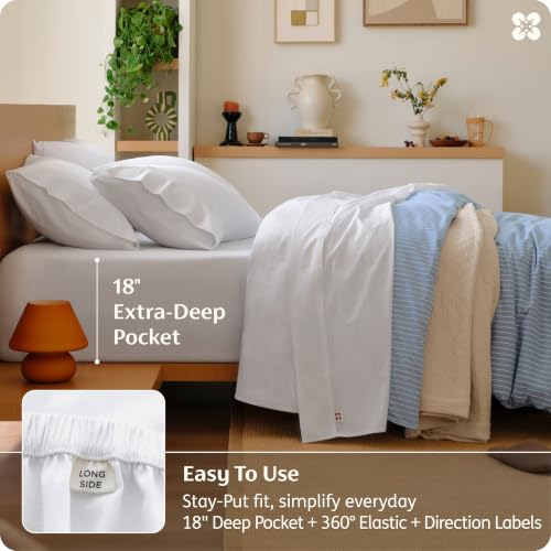 Image of Bedsure PureWoven 100% Washed Cotton Sheets Queen, Linen-Like Feel, 6PCS | Cotton Percale Sheets, Breathable & Relaxed, 18 inch Deep Pocket, Rustic Minimalist Farmhouse Style, Effortlessly Care, White