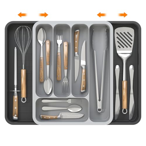 KeZaara Portaposate da Cassetto 45 cm, Espandibile Porta Posate Cucina Cassetto (36,2 × 47 × 5 cm), Con 7 Scomparti, Adatto Cucchiai, Forchette, Coltelli, Grigio &Nero