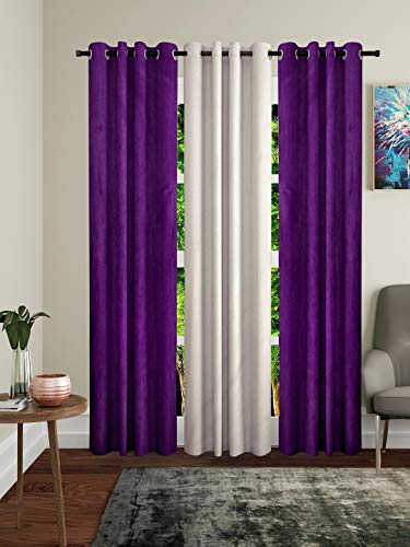 Image of Home Sizzler Polyester 3 Piece Long Door Curtain Set, 9 feet (2 Purple, 1 Cream)
