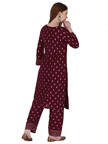 Image of Women's Rayon Printed Kurta with Palazzo Set (Large, Wine Palazzo Set)