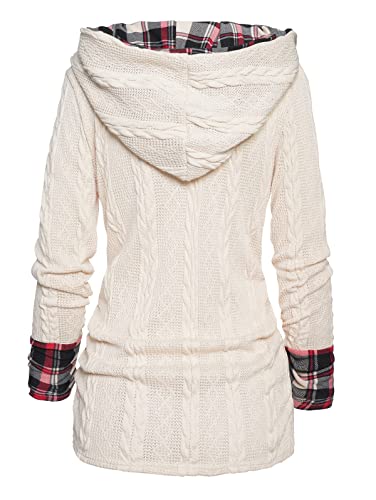 Image of ZEZCLO Women's Twisted Cable Knit Plaid Print Hooded Sweater Mock Button Ruched Shawl Neck Knit Top