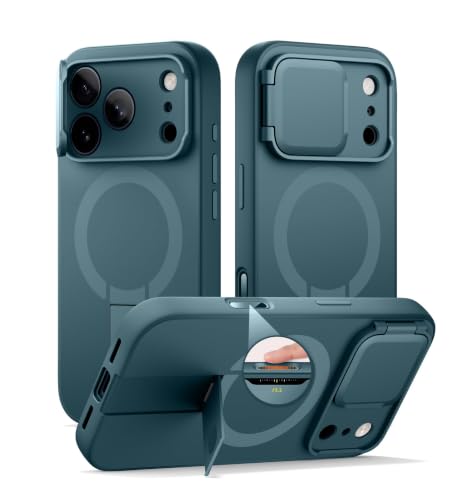 Image of SURITCH for iPhone 17 Pro Case with Camera Control Cover, Camera Cover and Adjustable Kickstand, Compatible with MagSafe, Shockproof Bumper Protective Cases 6.3 Inch, Lake Green