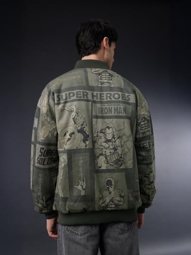 Image of The Souled Store Marvel: Heroes Assemble Men and Boys Full Sleeves Round Neck Dark Green Graphic Printed Polyester Regular Fit Lightweight Reversible Bomber Jacket
