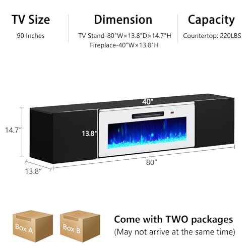 Image of AMERLIFE Floating Fireplace TV Stand, Wall Mounted Mirrored Entertainment Center with 40 inch Electric Fireplace, Modern LED Lights Media Console for TVs Up to 90 inch, Black /White