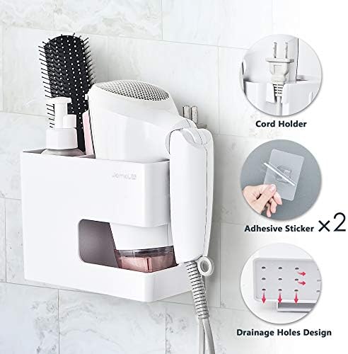 JOMOLA Hair Dryer Holder Rack Wall Mounted Adhesive Styling Tool Organiser Storage for Blow Dryer Storage Basket for Kitchen-White