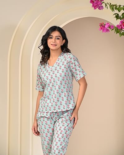 Image of KANNAHI Pure Cotton Paisley Jaipuri Printed Women Night Suit Top & Pyjama Set for Girls & Womens