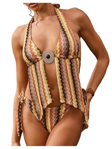 SweatyRocks Women's Halter Asymmetrical Tankini Swimsuits Boho Textured Striped Bathing