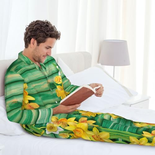 Pyjama jaune homme en coton doux imprimé jonquilles ensemble de nuit à boutons