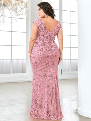 Image of Plus Size Womens Sequined Long Evening Gown Glamous Sleeveless V-Neck Mermaid Prom Dress for Wedding Party