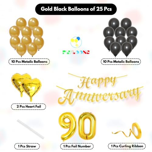 Image of Flyloons 90th Happy Anniversary Decoration Items Gold Black for Men Women Husband Wife Mom Dad Couple Home Bedroom Car With 20 Pcs Metallic Balloons Anniversary Banner 2 Pcs Heart Set Kit Golden