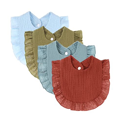 Image of 4 PACK Solid Muslin Baby Drool Bibs Set for Unisex Boys Girls Cotton Adjustable Teething Feeding Drooling Bibs