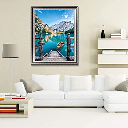 KIENAI 5D Diamond Painting Kit, Full Diamond Digital Kit with Diamond Art Kit, DIY Art Craft, Full Round Diamond Mountain Landscape Gem Embroidery Art Home Wall Decor, 40x30cm, Lake Boat View