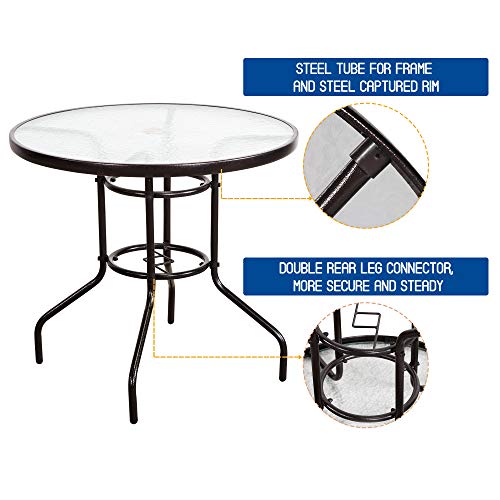 Homevibes 32" Outdoor Patio Dining Table Tempered Glass Top Bistro Table Top Umbrella Stand Round Deck Furniture Garden Table Metal Frame, Dark Chocolate #TOP3