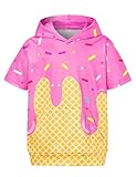UNIFACO Ice Cream 3D Print Boys Fashion Hoodies Short Sleeve Breathable Performance Shirts with Front Pouch Pocket Athletic Pullover, Purple and Yellow, 12 Years