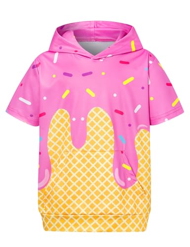 UNIFACO Ice Cream 3D Print Boys Fashion Hoodies Short Sleeve Breathable Performance Shirts with Front Pouch Pocket Athletic Pullover, Purple and Yellow, 12 Years