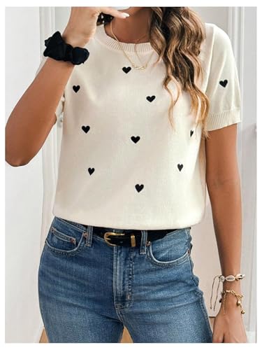 WDIRARA Women's Heart Pattern Sweater Crewneck Short Sleeve Pullovers Knit Top3