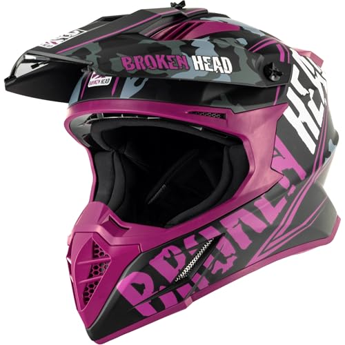 Broken Head Squadron Rebelution Camouflage Grau Pink - Leichter MX-Helm für Supermoto, Motocross & Quad mit DD- & Ratschenverschluss, für Motorradfahrer, Designed in Germany XS (53-54)