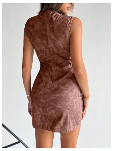 Image of RoseSeek Women's PU Leather Ruched Bodycon Dresses Mock Neck Sleeveless Zipper Mini Tank Dress