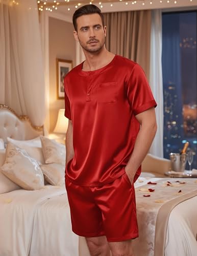 Image of Ekouaer Mens Pajamas Set Silk Satin Pjs Sets Summer Short Sleeve Button Down Sleepwear 2 Piece Loungewear with Pockets