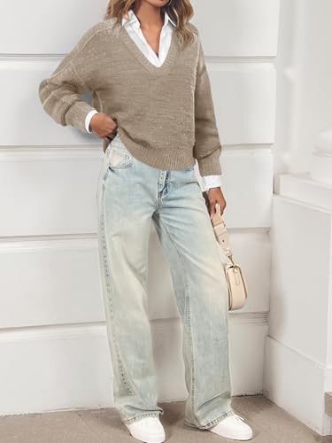 Saodimallsu Womens V Neck Pullover Sweaters Casual Knit Long Sleeve Loose 2025 Fall Cropped Tops4