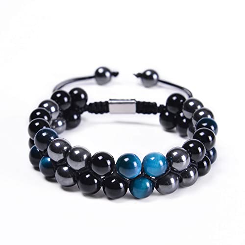Triple Protection Bracelet - 8mm Beads Bracelet Bring Luck, Happiness and Prosperity - Genuine Tigers Eye Stone Black Obsidian and Hematite Crystal Jewelry Healing Bracelets for Men Women