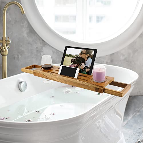 Ecofives Teak Bathtub Tray Caddy - Expandable Bath Tray - Adjustable Organizer Tray For Bathroom - Luxury Bath Caddy Tub Table, Bathtub Accessories & Bathroom Gadgets #TOP1