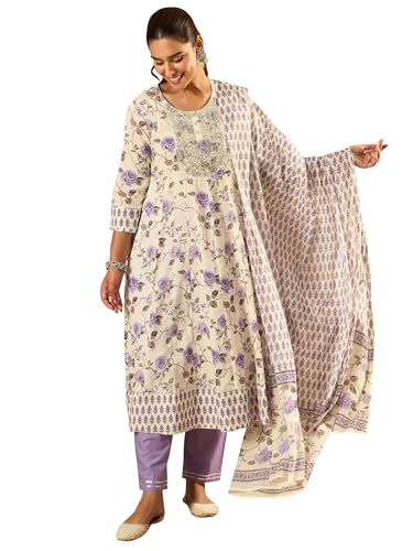 Image of INDO ERA Women's Off White Pure Cotton Embroidered A-Line Kurta & Pant with Dupatta Set (IESTR5362)
