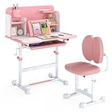 Costzon Kids Height-Adjustable Study Desk and Chair Set with Tilting Desktop, Pen Holder, Reading Stand, Footrest Bar, Ergonomic Design for Toddlers (Pink, 31.5"x21.5"x42")